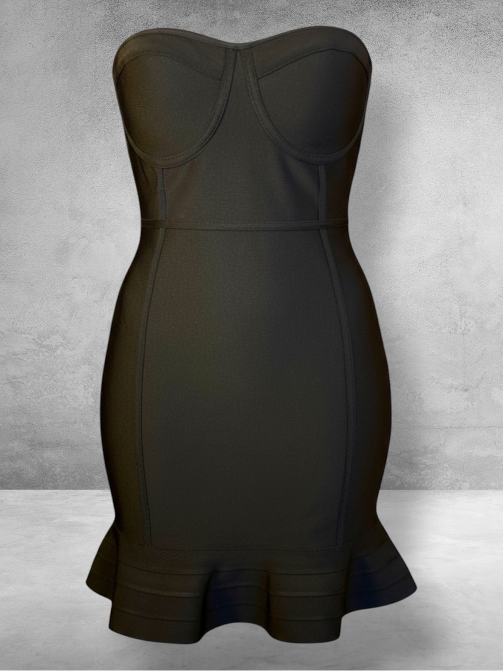 PRETTYLITTLETHING Dress Black Strapless Bandage Bodycon Ruffle Hem Glam 8 NWT